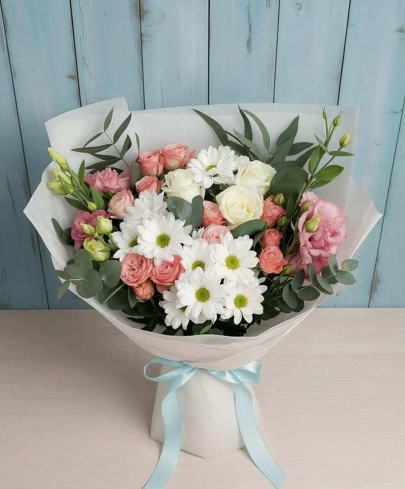 Букет цветов из: Розы, Лизиантусы и Хризантемы в Мельчевке