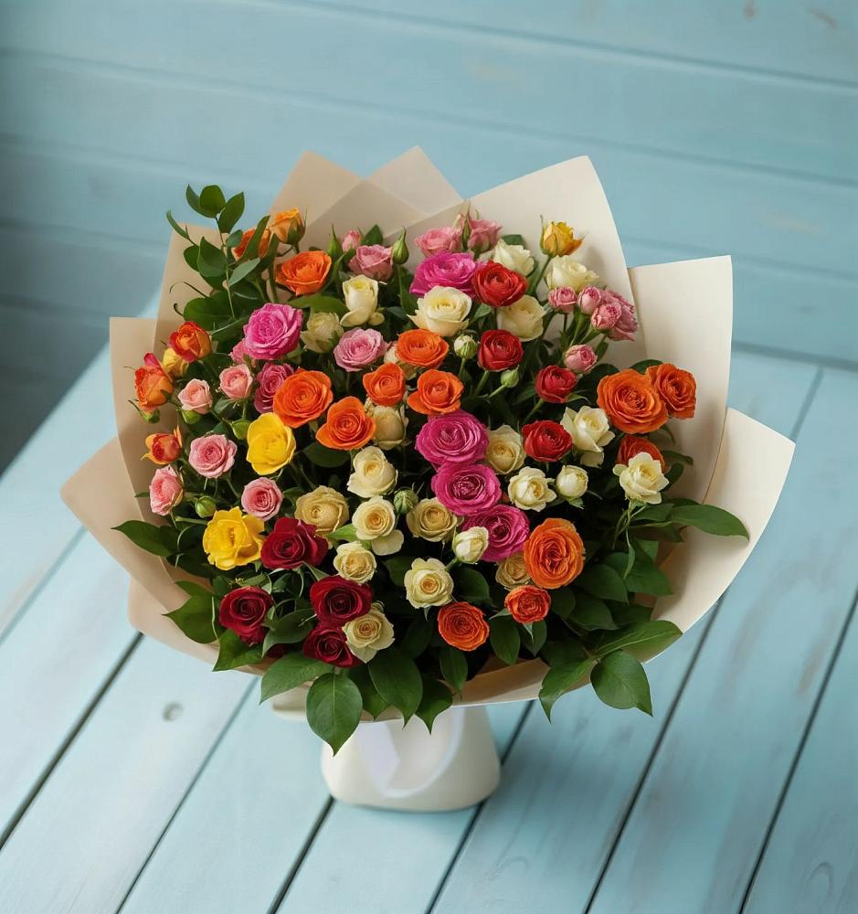 Букет Микс из разноцветных кустовых роз в Мельчевке
