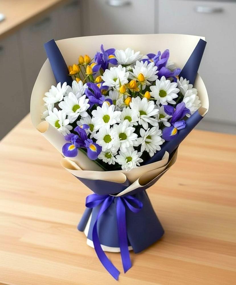 Букет цветов из: Розы, Ирисы и Хризантемы в Мельчевке