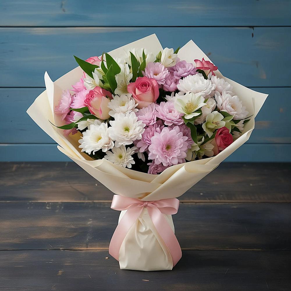 Букет цветов из: Хризантемы, Альстромерии и Розы в Мельчевке